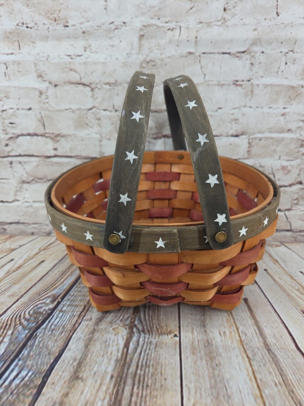 Vintage Primitive Woven Basket Red Green Americana Star Farmhouse Decor